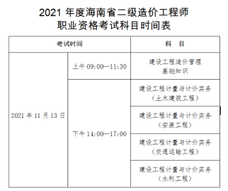 海南2021年二級造價工程師考試時間：11月13日